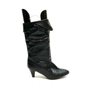 Vintage 1970s black leather pointed toe fold over heeled pirate boots